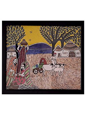 Hardworking Farmer - Village Painting | Watercolor on Canvas Sheet | By Krishna Joshi