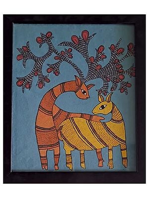 Pair of Beautiful Deer - Gond Art | Watercolor on Canvas Sheet | By Krishna Joshi
