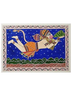 Flying Lord Hanuman with Sanjeevani | Madhubani Painting by Nishu Singh