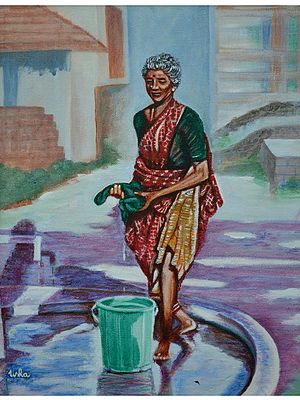 Lady Washing Clothes - Canvas Painting | Acrylic On Canvas | By Usha Shantharam