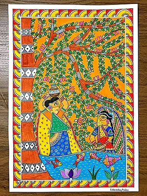 Two Women by The Pond | Painting on Paper | By Anshu Tripathi