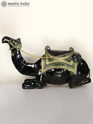 64" Large Black and Green Sitting Camel Figurine in Brass | Home Decor | Animal Statue
