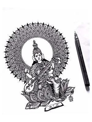 Goddess Saraswati Seated on Lotus with Mandala Arch | by Shivani Patra
