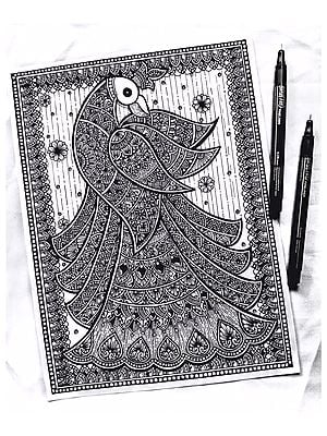 Peacock with Beautiful Tail | Black and White Mandala Art by Shivani Patra