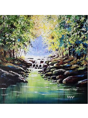 Flowing River Landscape | Acrylic On Canvas | By Prabhas Parappur