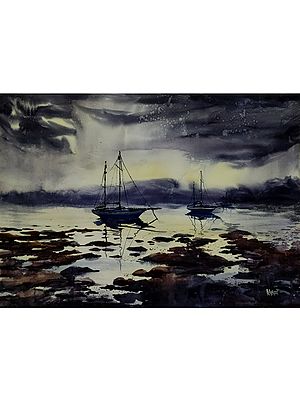 Sailboat In Waning Evening - Landscape | Watercolor On Fabriano Paper | By Prabhas Parappur
