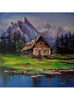 River Side House With Mountains - Landscape | Acrylic On Canvas | By Prabhas Parappur