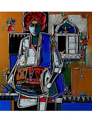 Turbaned Man Playing Drum | Painting by Girish Adannavar