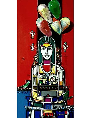 Lady with Balloons | Painting by Girish Adannavar