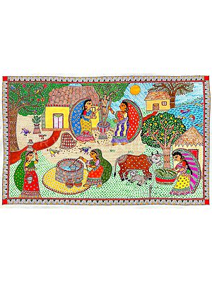 Grahmin - View Of Village Life | Acrylic On Handmade Sheet | By Urwashi Nirala