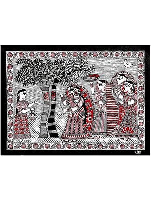 Aam Mahua Vivaah - A Traditional Ritual Painting | Acrylic On Handmade Sheet | By Urwashi Nirala
