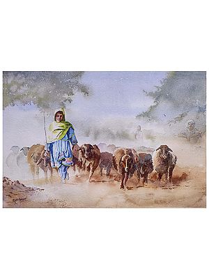 A Rural Painting - Shepherd with Sheep | Watercolor Painting | By Rajib Agarwal