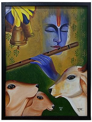 Divine Krishna with Cows | Acrylic on Canvas | By Tejal Modi | With Frame