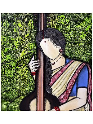 Surmadhur - Lady with Veena | Acrylic and Wax on Canvas | By Mrinal Dutt
