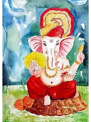 Ganesha Seated on Aasana | Watercolor Painting by Prasenjit