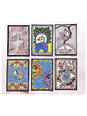 Set of 6 Painting in Madhubani Style | Acrylic on Handmade Paper | By Muskan