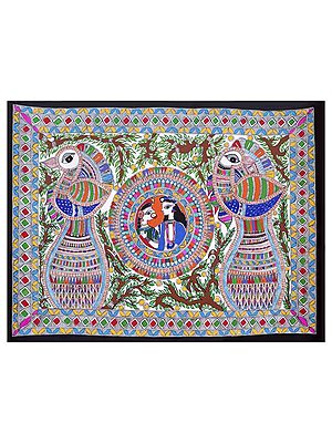 Radha and Krishna with Beautiful Peacock | Acrylic on Handmade Paper | By Muskan