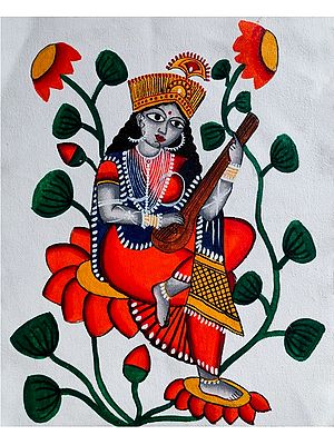 Saraswati Kalighat Pattachitra Painting | Acrylic On Canvas | By Rojalee Panda