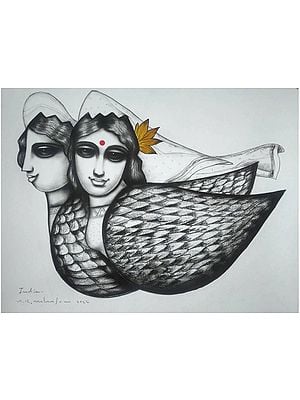 Couple of Love Birds | Charcoal on Paper | By Arvind Mahajan