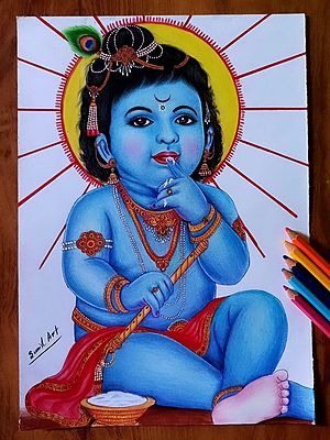 Painting Of Little Krishna Eating Butter | Colorpencil | By Sunil Kumar