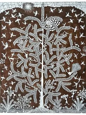 Nature’s Life - Warli Art by Pravin Mhase | Cow Dung and Acrylic on Manjarpat Cloth