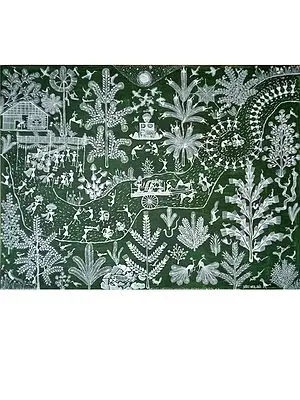 Painting Of Village Celebration | Cow Dung And Acrylic On Manjarpat Cloth | By Pravin Mhase
