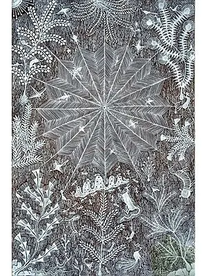 The Web of Life - Tribal Art | Cow Dung and Acrylic on Manjarpat Cloth | By Pravin Mhase