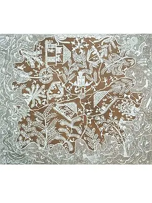 Unpaved Village Way - Warli Painting | Cow Dung and Acrylic on Manjarpat Cloth | By Pravin Mhase