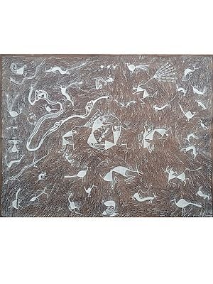 Wild Life - A Tribal Art | Cow Dung and Acrylic on Manjarpat Cloth | By Pravin Mhase