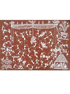 The Rural Celebration - Warli Art by Pravin Mhase | Terracotta, Cow Dung and White Acrylic