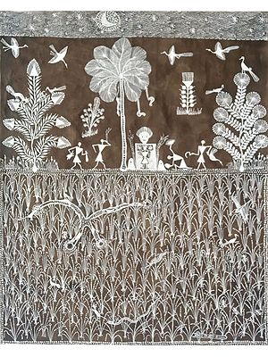 Worship Of Nature - After Harvesting Crops - Warli Art | Cow Dung On Manjarpat Cloth | By Pravin Mhase