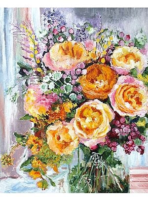 Yellow Roses - Flower Vase | Acrylic On Canvas | By Antara Pain