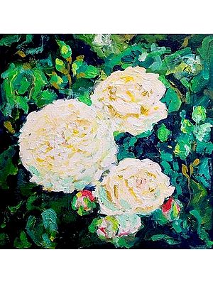 Rose Painting With Leaves | Acrylic On Canvas | By Antara Pain