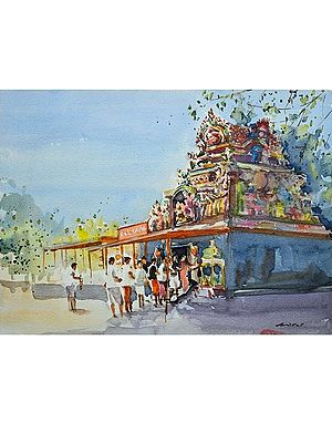Watercolor Painting of Temple Worship by Anita Alvares Bhatia