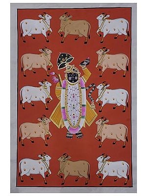 Shrinathji with Kamdhenu Cow | Natural Color on Cloth | By Jagriti Bhardwaj