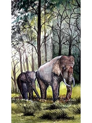 Mother and Baby Elephant | Painting By Shubham Nath
