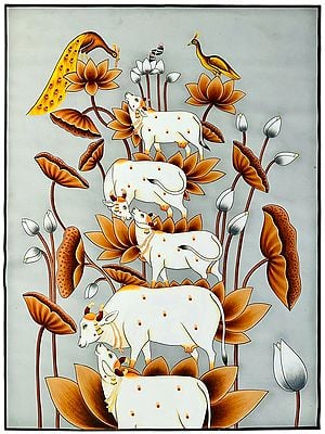 Beautiful Cows And Peacock | Natural Color On Cloth | By Dheeraj Munot