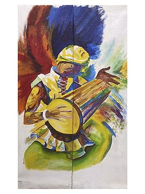 Playing Dholak | Painting by Ravi Upadhyay