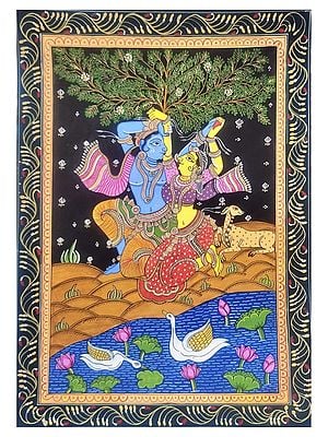 Attractive Radha and Krishna Pattachitra Painting | Watercolor on Paper | By Gaurav