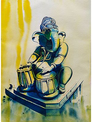 Lord Ganesha Playing Tabla | Watercolor Painting by Anupam Pathak