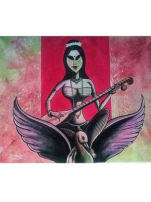 Goddess Saraswati Sitting On Vahana | Acrylic Colors On Canvas | By Kirtiraj Mhatre