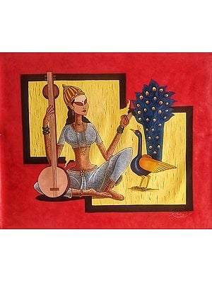 Goddess Saraswati With Peacock | Acrylic Colors On Canvas | By Kirtiraj Mhatre