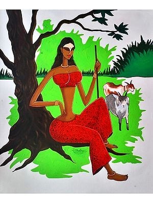 Tribal Life - Shepherd Woman | Acrylic Colors On Canvas | By Kirtiraj Mhatre