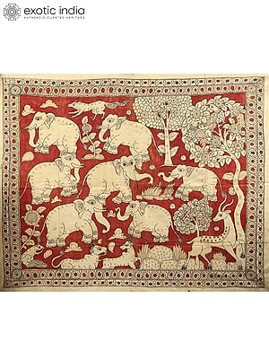 Jungle Scene with Elephant Dominating | Kalamkari Painting