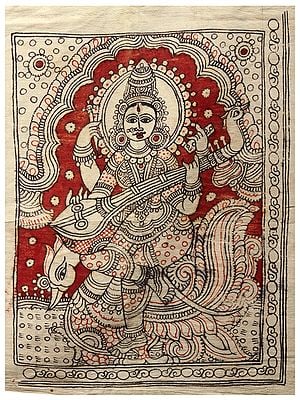 Seated Goddess Saraswati | Vintage Kalamkari Painting