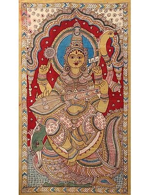 Goddess Saraswati Seated on Swan | Vintage Kalamkari Painting