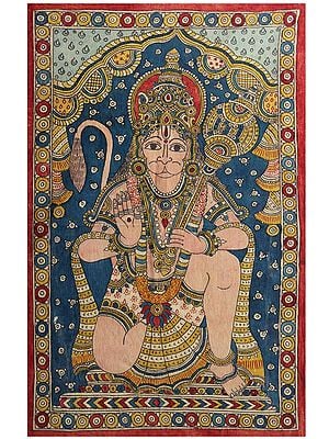 Sitting Lord Hanuman in Blessing Gesture | Kalamkari Painting