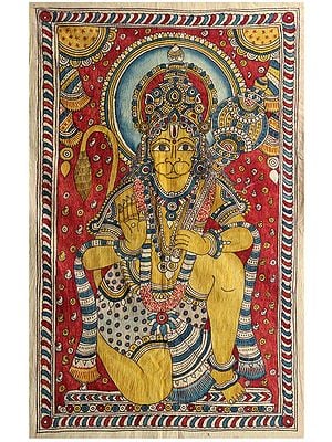 Sankat Mochan Hanuman Seated in Blessing Gesture | Kalamkari Painting