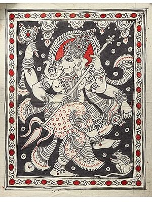 Four-Armed Dancing Lord Ganesha with Trident | Kalamkari Painting