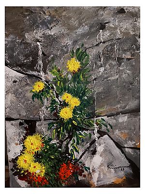 Flowers And Stone - Unplanned Growth | Acrylic On Canvas | By Sirish M N